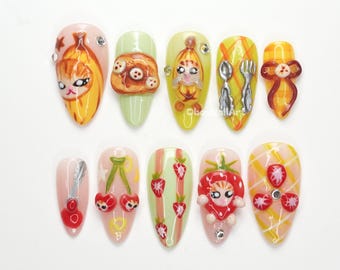 Strawberry Cat Kawaii Press On Nails, Cute Cat Nail Art, Cherry 3d Nails, Breakfast Theme Nails, Japanese Kawaii Style NJXW9