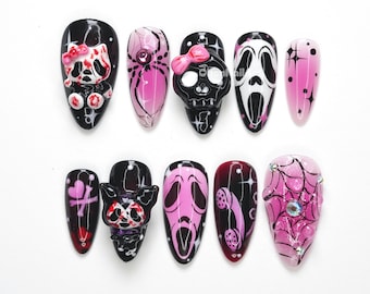 Gothic Pink Horror Press On Nails, 3d Skull Nails, Scream Face Nails, Kawaii Goth Nails, Halloween Press Ons BL0O6