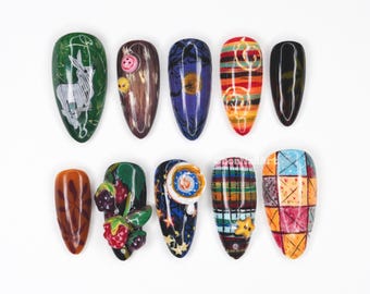 Whimsical Mixed Art Press On Nails, 3d Nail Art, Colorful Custom Nails, Funky Handmade Nails, Artistic Press Ons JLZW9