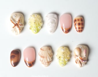 Unhas Postiças com Arte de Criaturas Marinhas, Unhas 3D com Tema de Vida Marinha, Arte de Unhas com Estrela-do-Mar, Design Fofo de Polvo, Unhas com Tema de Praia BB0O6