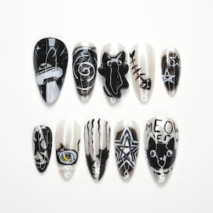 Uñas postizas negras estilo gato gótico, uñas de gato para Halloween, arte de uñas gótico, uñas postizas de bruja, uñas blancas y negras LL0O6