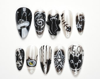Cat Goth Black Press On Nails, Halloween Cat Nails, Gothic Nail Art, Witchy Press Ons, Black White Nails LL0O6