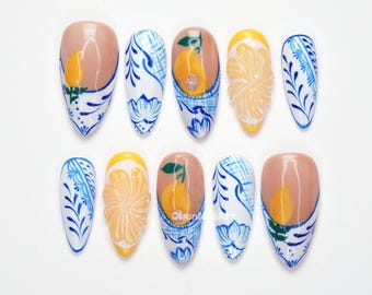 Uñas postizas de porcelana con diseño de limón, decoración de uñas azul y blanca, uñas veraniegas con frutas, estilo mediterráneo, uñas con flores en 3D, estilo cítrico JTXW9