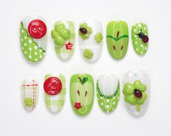 Apple Green Garden Press On Nails, Cute Fruit Nails, Spring Nail Art, Nature Theme Nails, Kawaii Press Ons DOXW9