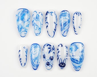 Blue Porcelain Anime Press On Nails, Hand Painted Anime Nails, Ghibli Inspired Art, Cobalt Blue Nails, Unique Kawaii Design RNZW9