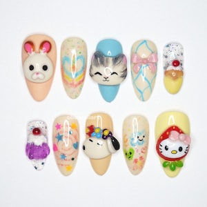 Cute Press On Nails, 3D Character Nail Art, Kawaii Bow Nails, Pastel Cupcake Nails, Hand Painted Colorful Nails, Whimsical Nail Set