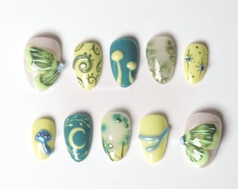 Mushroom Fantasy Press On Nails, Fairycore Nails, Butterfly Art Nails, Cottagecore Press Ons, Green Swirl Nail Set NA3TP