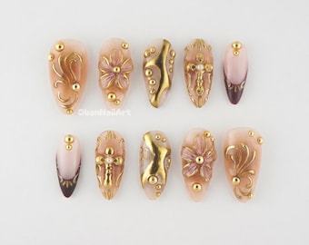 Baroque Gold Floral Press On Nails, 3d Nail Art, Vintage Glam Nails, Gold Cross Nails, Elegant Handmade Nails HX1W9