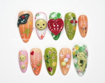 Kawaii Fruit Garden Press On Nails, Cute Nail Art, 3d Kawaii Nails, Whimsical Pastel Nails, Japanese Style Nails RQZW9