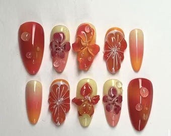 Sunset Bloom Press On Nails, Gradient Red Orange Floral 3D Nail Art with Raindrop Gel Details, Handmade Summer Blossom Tips OB99