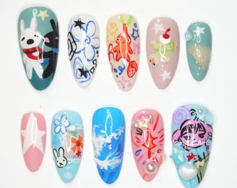 Whimsical Cartoon Mix Press On Nails, Anime Nail Art, Kawaii Press Ons, Cute Character Nails, Colorful Nail Design HQ0O6