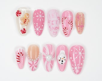 Christmas Candy Pink Press On Nails, Holiday Nail Art, Cute Snowman Nails, Peppermint Design, Winter Wonderland VGZW9