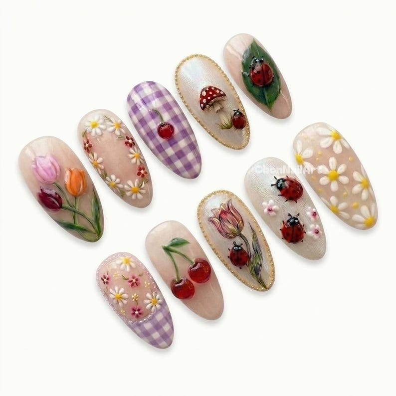 Whimsical Garden Cottagecore Press On Nails, Floral Art, Cherry Accent, Ladybug Charm, Gingham, Fairycore WOD28 - image 3