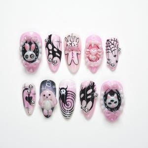 Pink Gothic Press On Nails, Creepy Cute Nails, Bunny Cat Nails, Spider Web Nails, Pastel Goth Press On Nails, Horror Kawaii Nails