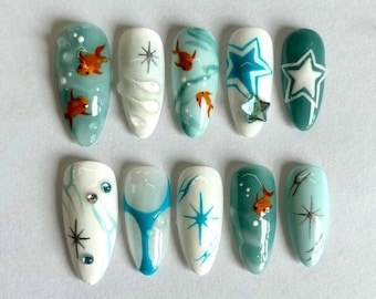 Vernis à presser poisson rouge sarcelle, décorations d'ongles étoile de mer bleue océan, bouts d'ongles d'été blanc aqua