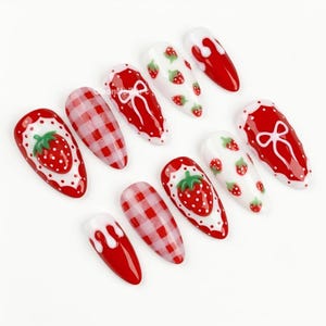 Strawberry Picnic Red And White Press On Nails, Gingham Pattern, Drippy Icing, 3D Fruit Art, Cottagecore, Gift For Her V3R6R - image 3
