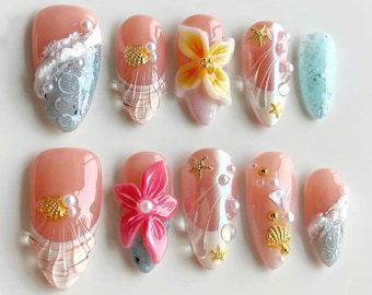 Tropical Ocean Press On Nails, 3D Beach Nail Art with Seashell, Starfish, Foam Wave, Plumeria Flowers, Gold Charms & Pastel Coastal Tips