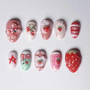 Strawberry Cream Press On Nails, Kawaii 3D Nail Art Set with Bows, Stars, Pearls & Cute Berry Dessert Designs