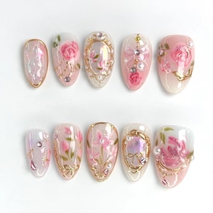 Tulip Garden Press On Nails – 3D Floral Nail Art with Pink Tulips, Glitter Butterflies, Pearls & Gold Frame Accent
