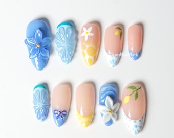 レモン、魚、青い花柄のハンドメイドプレスオンネイル、夏のネイル