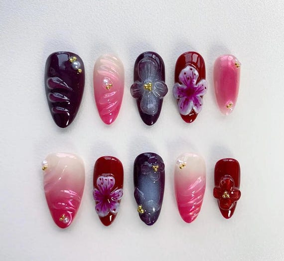 Wine Blossom Press On Nails, Burgundy Pink Gradient Nails, 3D Flower Nail Art, Elegant Deep Red & Purple Press Ons