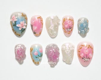 Blommiga pastellfantasi press-on naglar, 3D-blomma nagelkonst, Rosa blå naglar, Söta pastellnaglar, Flickiga press-on naglar LG0O6