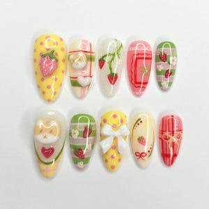 Strawberry Picnic Press On Nails, 3D Fruit & Bow Design with Kawaii Summer Vibes, Sweet Berry Themed Nail Art Set