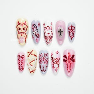 Gothic Cutecore Press On Nails, Pastel Goth Nails, Alt Anime Nails, Edgy Kawaii Nails, Spooky Cute Nails, Cute Horror Nails XN0O6