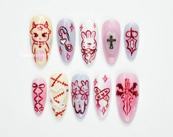 Gothic Cutecore Press On Nails, Pastel Goth Nails, Alt Anime Nails, Edgy Kawaii Nails, Spooky Cute Nails, Cute Horror Nails XN0O6