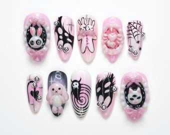 Gothic Kawaii Pink Press On Nails, Spooky Cute Nail Art, 3d Bunny Nails, Pastel Goth Nails, Halloween Kawaii, Creepy Cute JL0O6