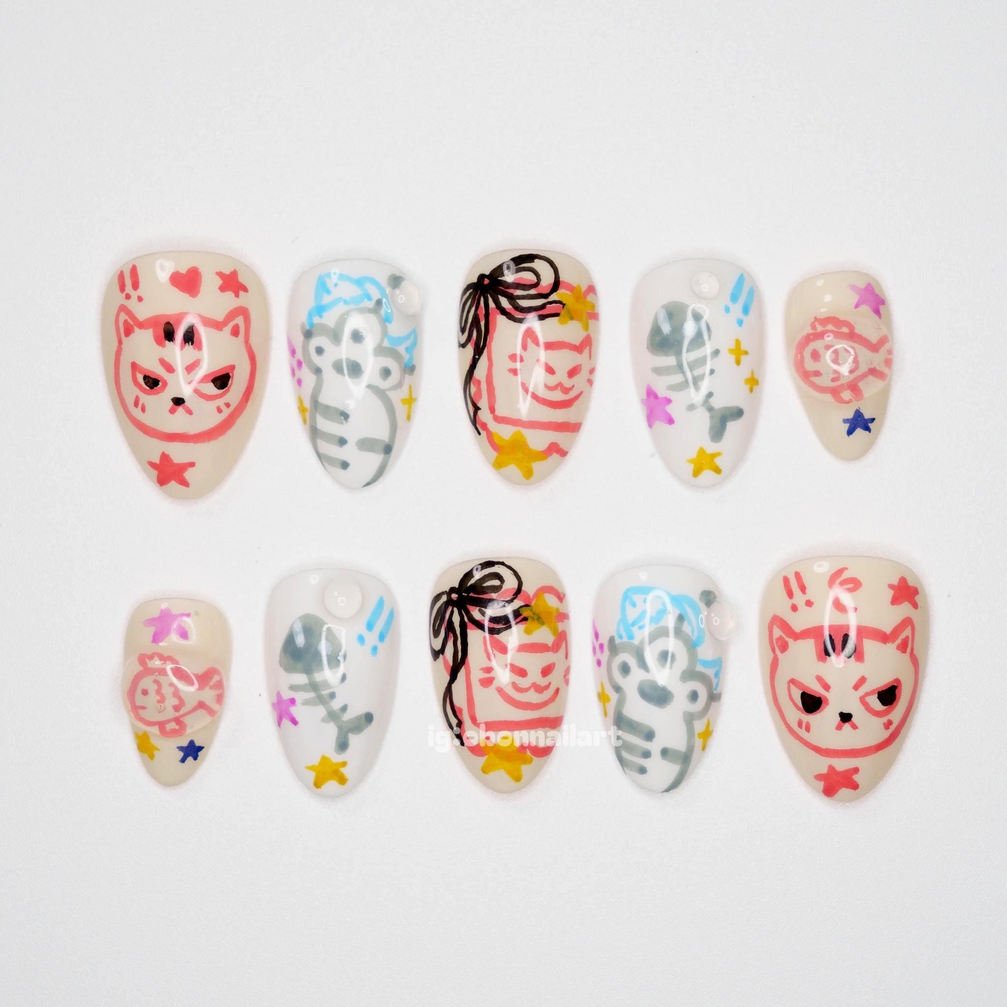 Angry Cat Doodle Press On Nails, Cartoon Fish Bone Nail Art, Funny Kawaii Handmade Nails, Colorful Sketchy Nail Design OB13