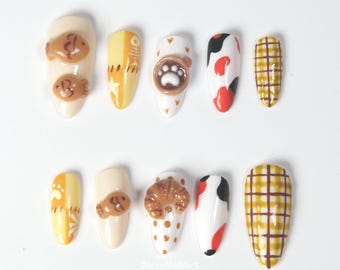 Niedliche Katze Dessert Drücken Sie auf die Nägel, 3D-Katzennagelkunst, Kawaii Press-Ons, Plaid-Muster-Nägel, Tierthema-Nägel XF0O6
