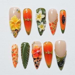 Tropical Press On Nails, Orange Green Nails, 3D Flower Nail Art, Summer Vacation Nails, Botanical Jungle Press Ons