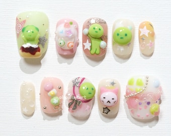 Alien Cute Press On Nails, 3D Kawaii Space Nails, Pink Green Cartoon Nail Art, Glitter Galaxy Stars, Pastel Planet Nail Design