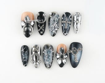 Gothic Silver Black Press On Nails, 3D Nail Art, Dark Floral Nails, Statement Charm Nails, Alternative Style Nails Z11W9