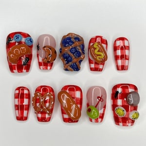 Picnic Feast Press On Nails, Cute Bread Hotdog Pretzel Nail Art, Red Gingham Summer Nails, 3D Food Picnic Nail Design, Ant Picnic Nail Tips