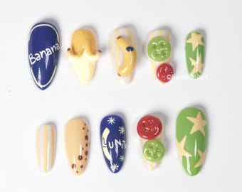 Uñas postizas Banana Star Pop, uñas con diseño de frutas de dibujos animados, uñas Kawaii Pop, uñas postizas con diseño 3D, lindo set de uñas hechas a mano BG0O6