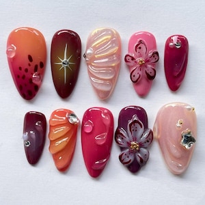 Sunset Berry Bloom Press On Nails, Pink Orange Gradient with 3D Cherry Blossoms, Petal Texture & Gem Accents