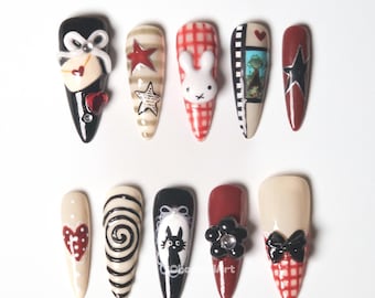 Cartoon Retro Mix Press On Nails, Character Nail Art, Cute Pop Nails, Anime Inspired Nails, Edgy Graphic Nails PB0O6