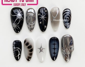 Ongles pressés étoile argentée noir, noir et gris, touches de chrome, lignes abstraites, esthétique gothique, party glam PO9BD