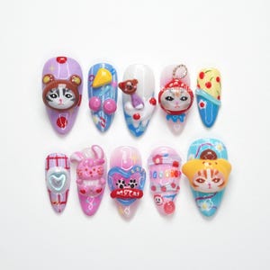 Kawaii Press On Nails, Cat Bear Bunny Nails, Cute Character Nails, Colorful 3D Nails, Harajuku Pastel Press On Nails