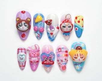 Kawaii Press On Nails, Cat Bear Bunny Nails, Cute Character Nails, Colorful 3D Nails, Harajuku Pastel Press On Nails