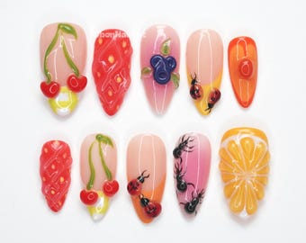 Frucht-Picknick-Sommer-Presse auf den Nägeln, 3D-Obst-Nägel, süße Kirschnagelkunst, bunte Sommernägel, lustige Picknicknägel JVZW9