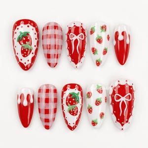 Strawberry Picnic Red And White Press On Nails, Gingham Pattern, Drippy Icing, 3D Fruit Art, Cottagecore, Gift For Her V3R6R - image 1