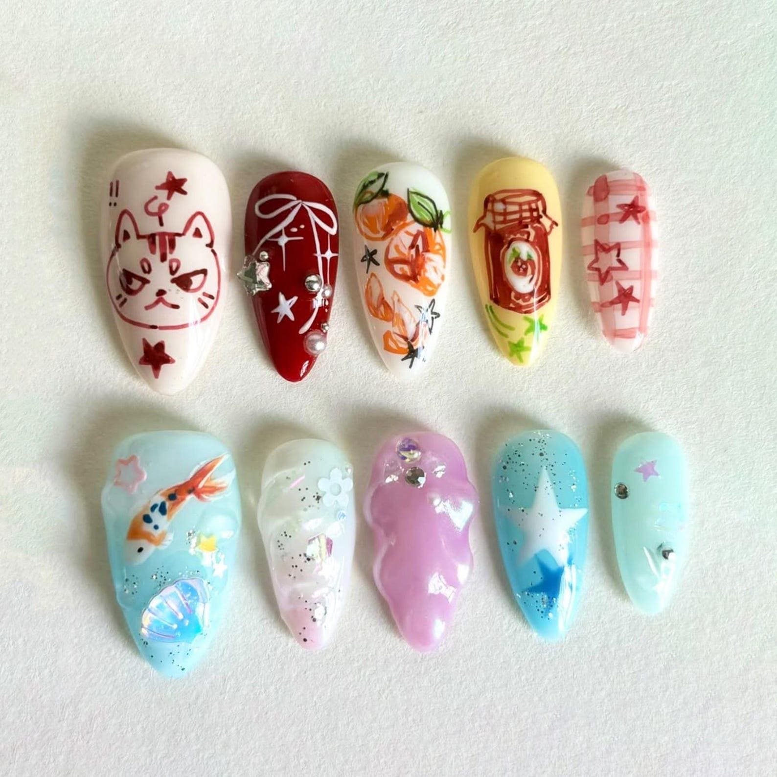 Kawaii Press On Nails, 3D Cat, Peach, Jellyfish, Koi Fish, Star Glitter, Jam Bottle, Cute Food Art & Pastel Ocean Vibe Design