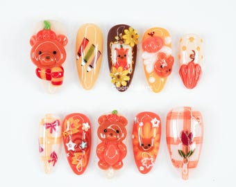 Pumpkin Bear Autumn Press On Nails, Cute Fall Nails, 3d Bear Nail Art, Plaid Press Ons, Pumpkin Spice Nails JS0O6