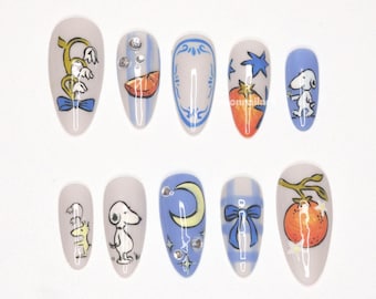 Snoopy Blue Press On Nails, Orange Moon Floral Nail Art, Cartoon French Tips, Hand Painted Pastel Snoopy Nails for Cute Daily Style OB33