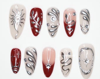 Chroomrode abstracte pers op nagels, metallic nailart, 3D-chroomnagels, rode naaktnagels, statementnagels, edgy glamournagels N7WW9