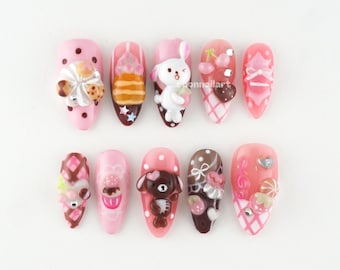 Kawaii Chocolate Pink Press On Nails, 3D Bear Bunny Nails, Sweet Dessert Nail Art, Cute Pastel Nails, Handmade Kawaii Nails NZ1W9