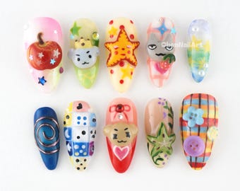 Wunderliche Pop-Art-Press-On-Nägel, süße Cartoon-Nägel, 3D-Nagelkunst, Kawaii-Charm-Nägel, buntes handgemachtes Set ONEW9